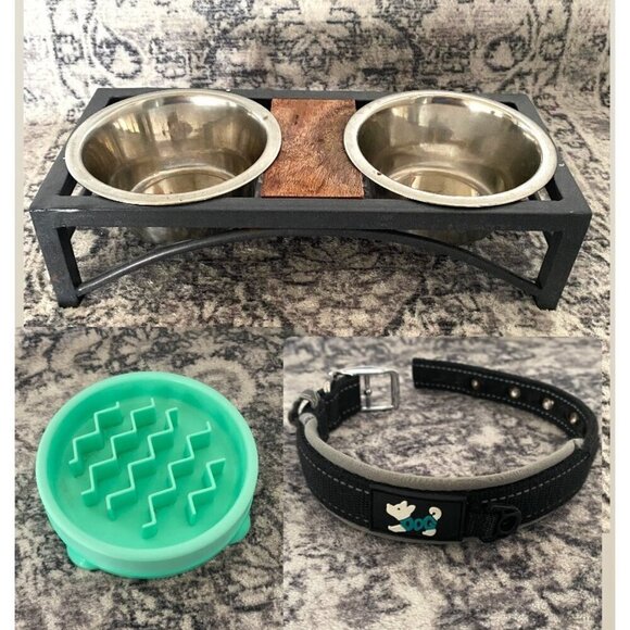 Puppy Bowls and stand,  Slow Feeder and Collar Bundle - Picture 1 of 8